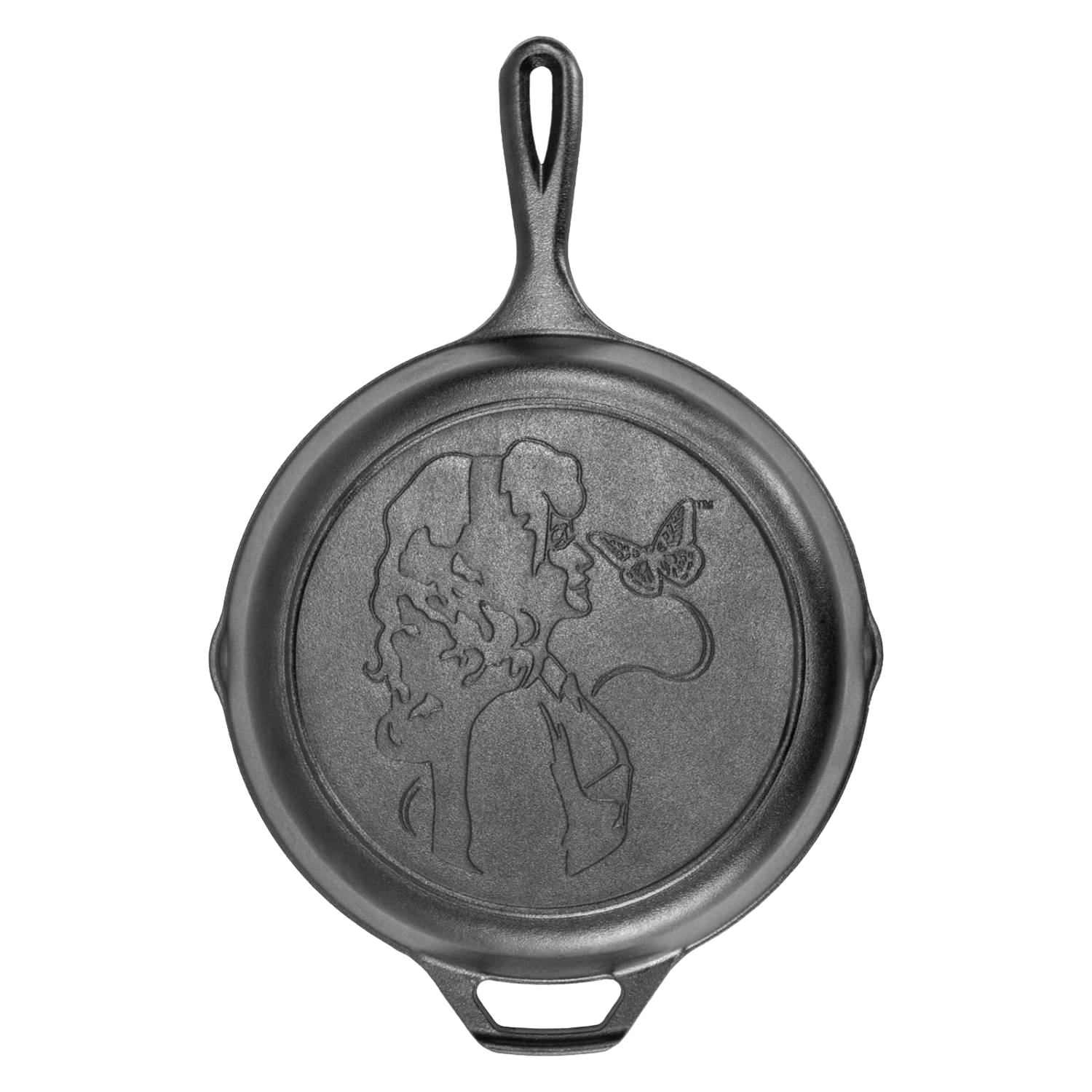 Cast iron skillet featuring an embossed design of a woman and butterfly in Lodge Cast Iron collection under $100.