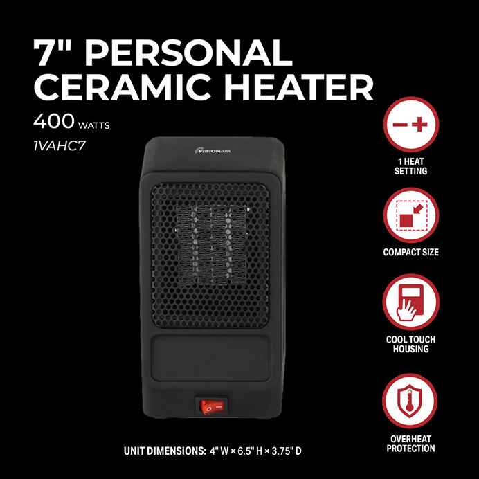 Compact black ceramic personal heater with red power switch, featuring overheat protection in Under $50 collection
