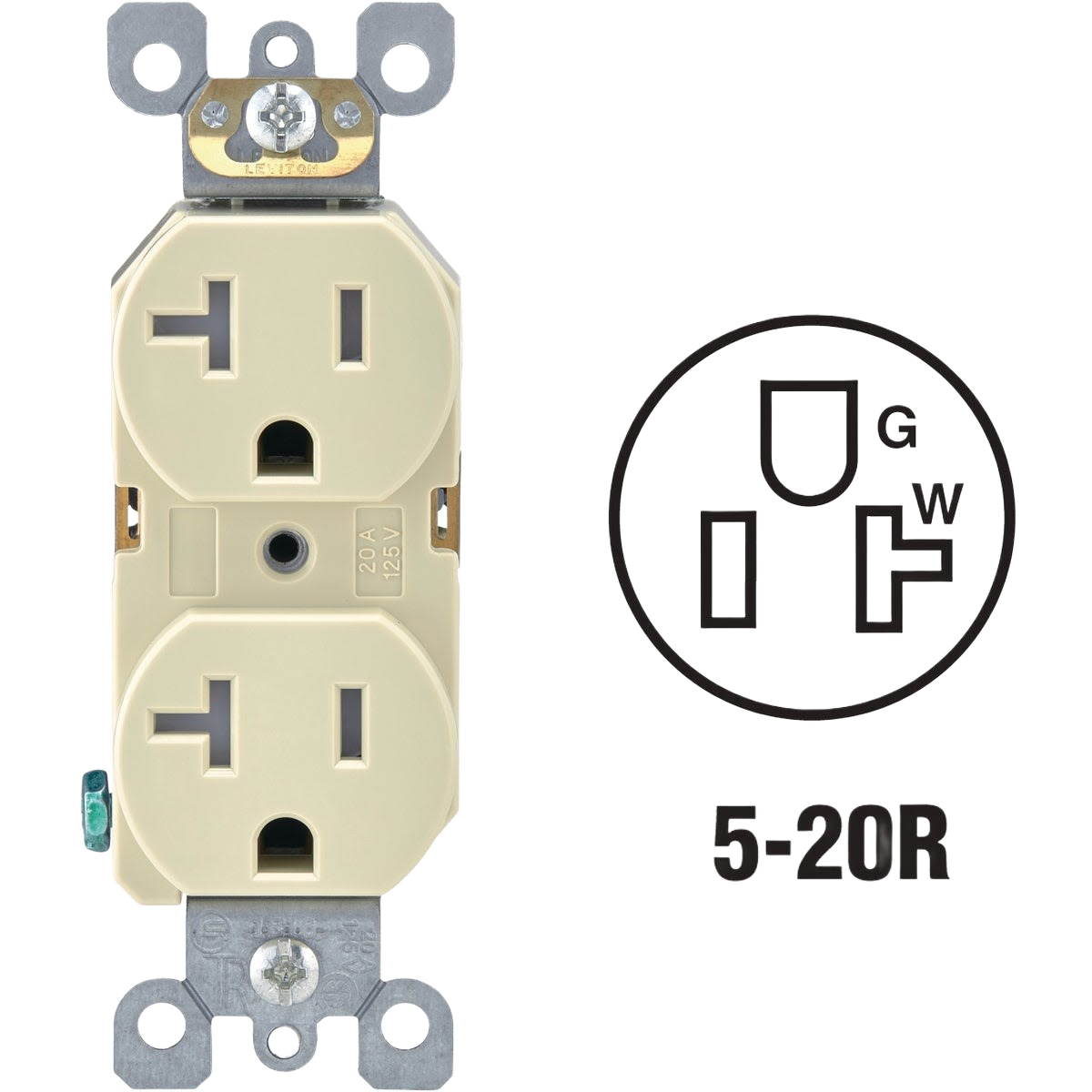 Ivory tamper resistant duplex outlet with metal frame and 20 amp rating for home improvement projects