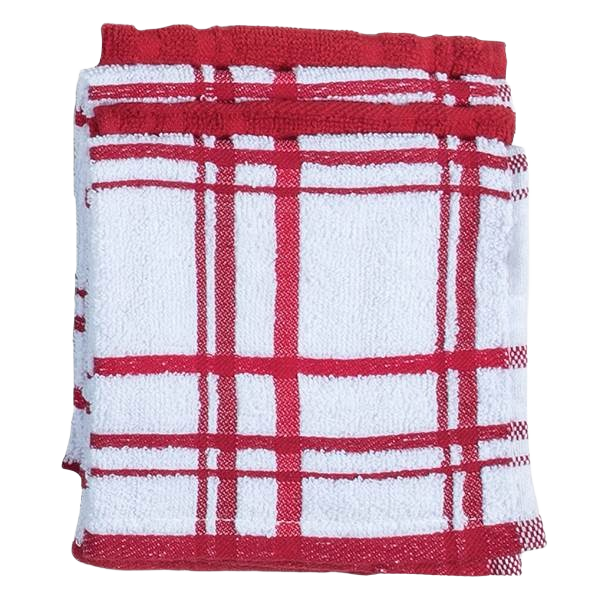 Set of four soft cotton dish cloths in cinnabar red windowpane and solid patterns for kitchen use under $50