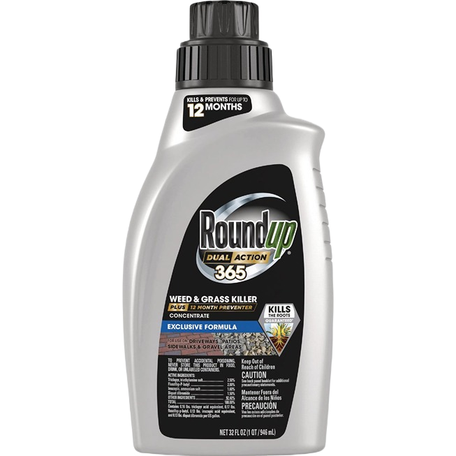 Gray bottle of Roundup Dual Action 365 concentrate weed and grass killer for lawn care and garden maintenance