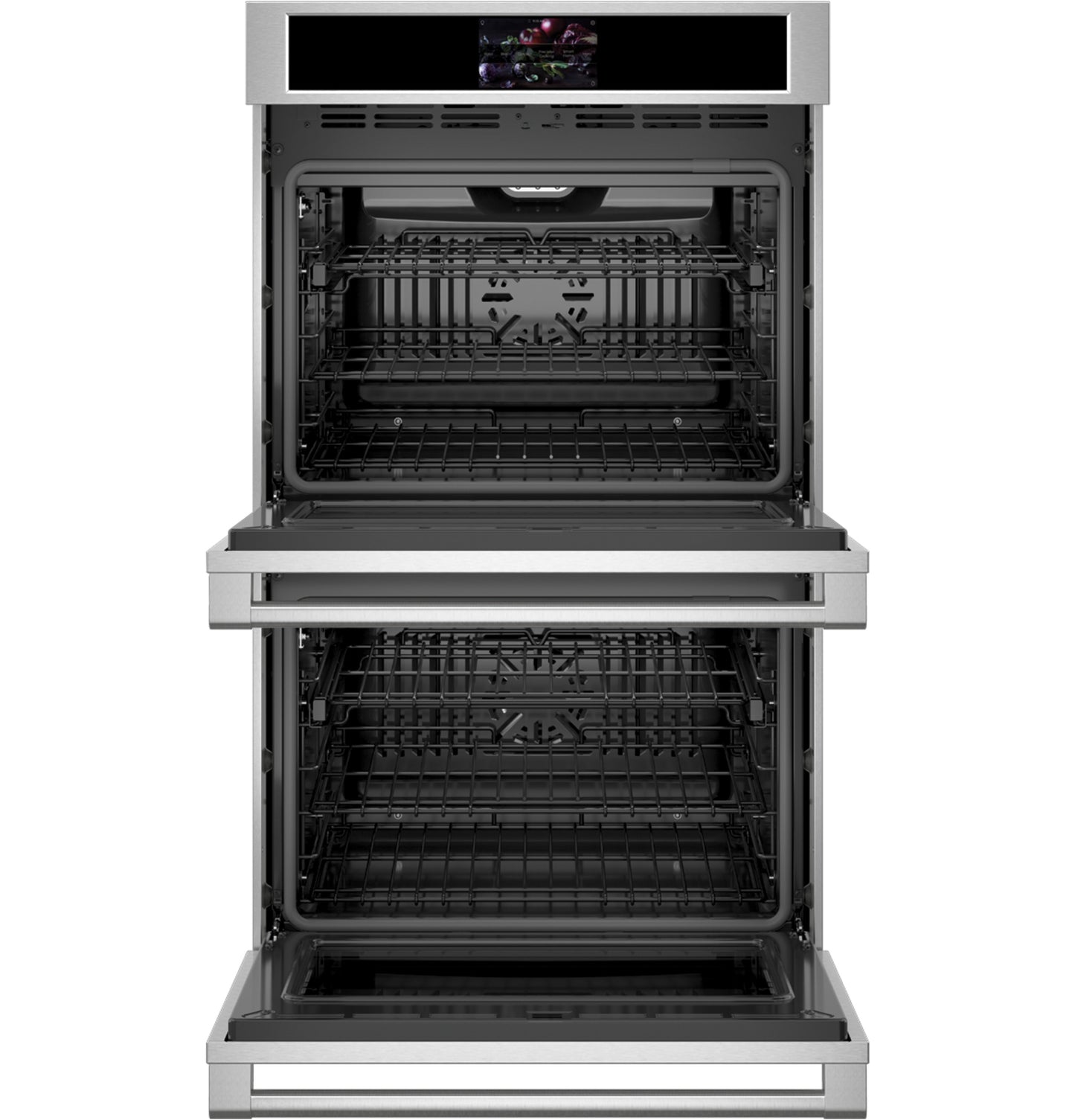 Open stainless steel double wall oven with interior racks visible from Double Wall Ovens and Kitchen & Kitchenware collections