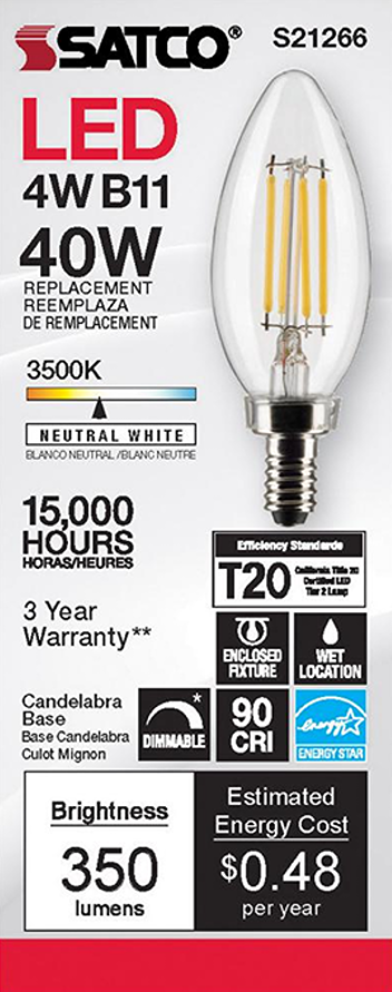 Clear LED filament bulb with candelabra base, neutral white light, energy-efficient with 3500K color temperature and 15,000-hour lifespan