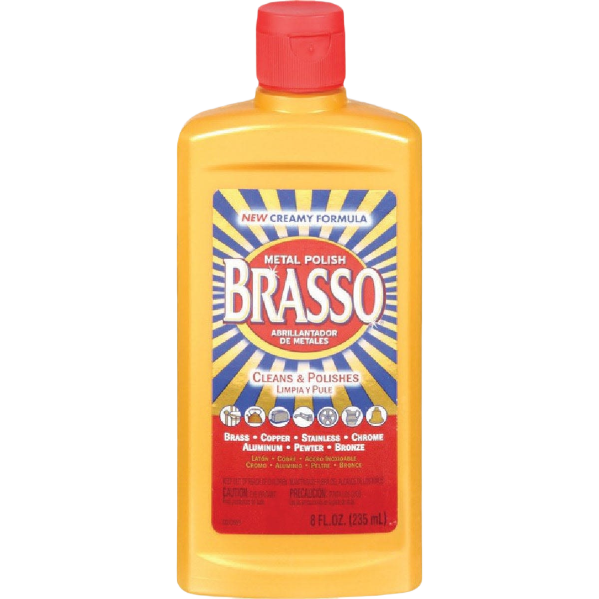 Yellow bottle of Brasso metal polish with red cap for cleaning and shining brass, copper, chrome, and other metals in cleaning supplies.