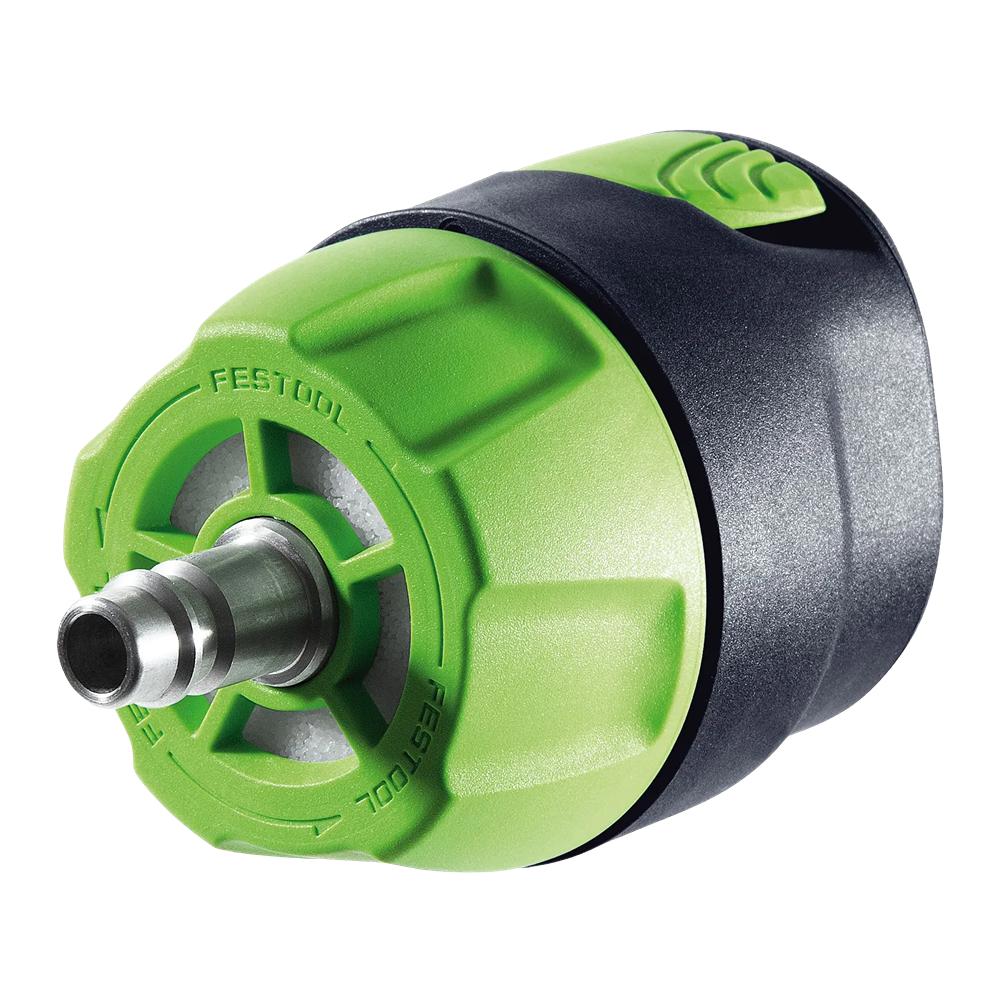 Green and black adapter with metal EURO air fitting for connecting compressed air sanders in woodworking tools setting