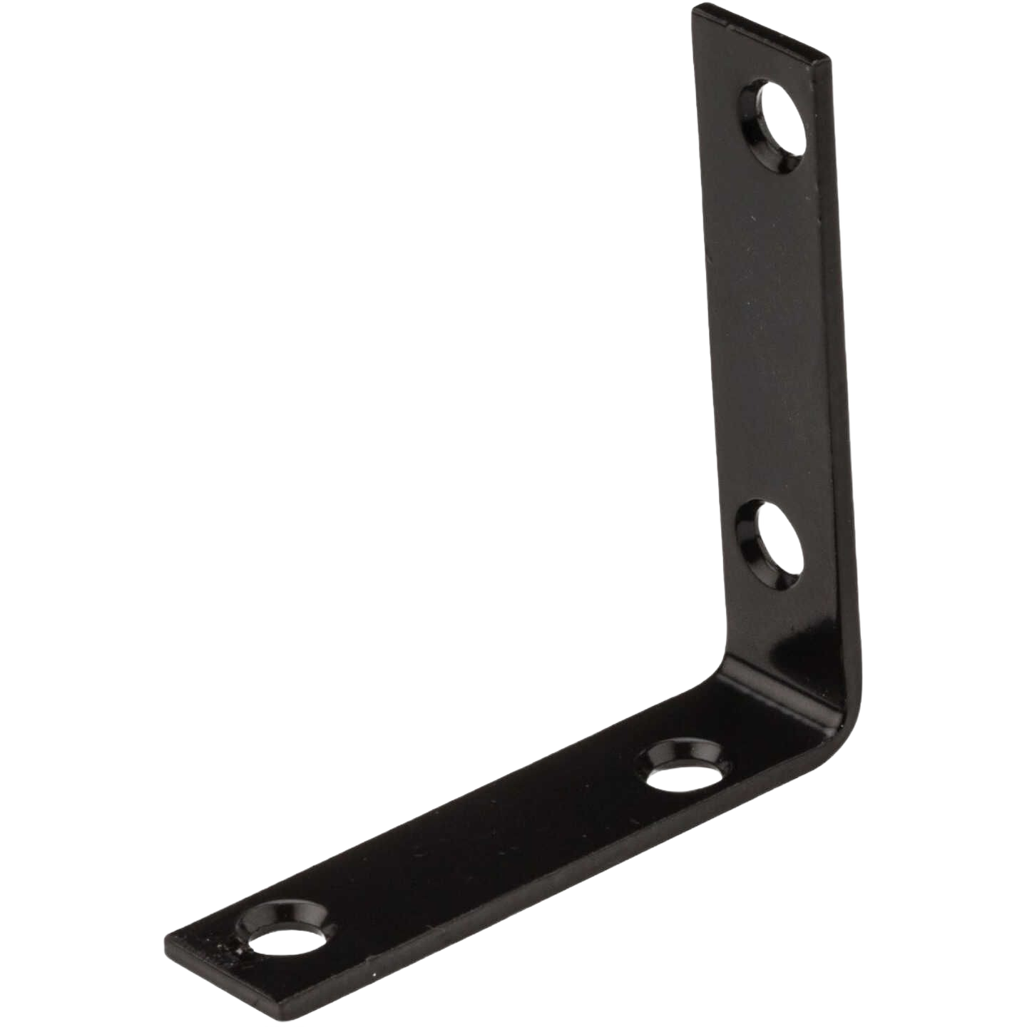 Black metal corner brace with countersunk holes for reinforcing right angle joints in building hardware projects