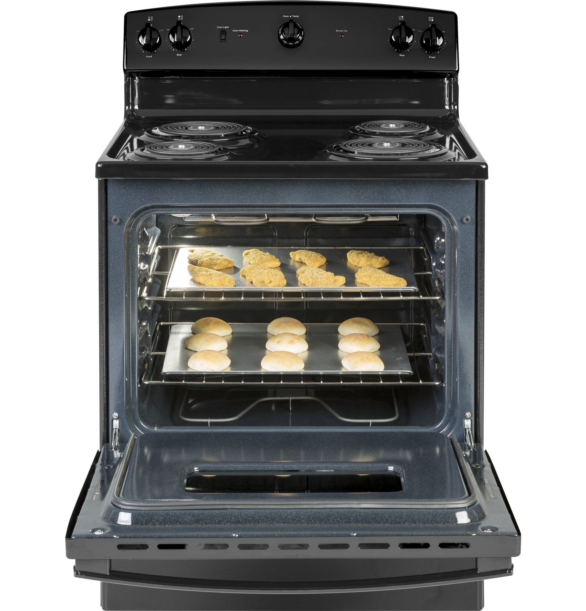 Black free-standing electric range with coil burners and two racks baking cookies and rolls in oven racks