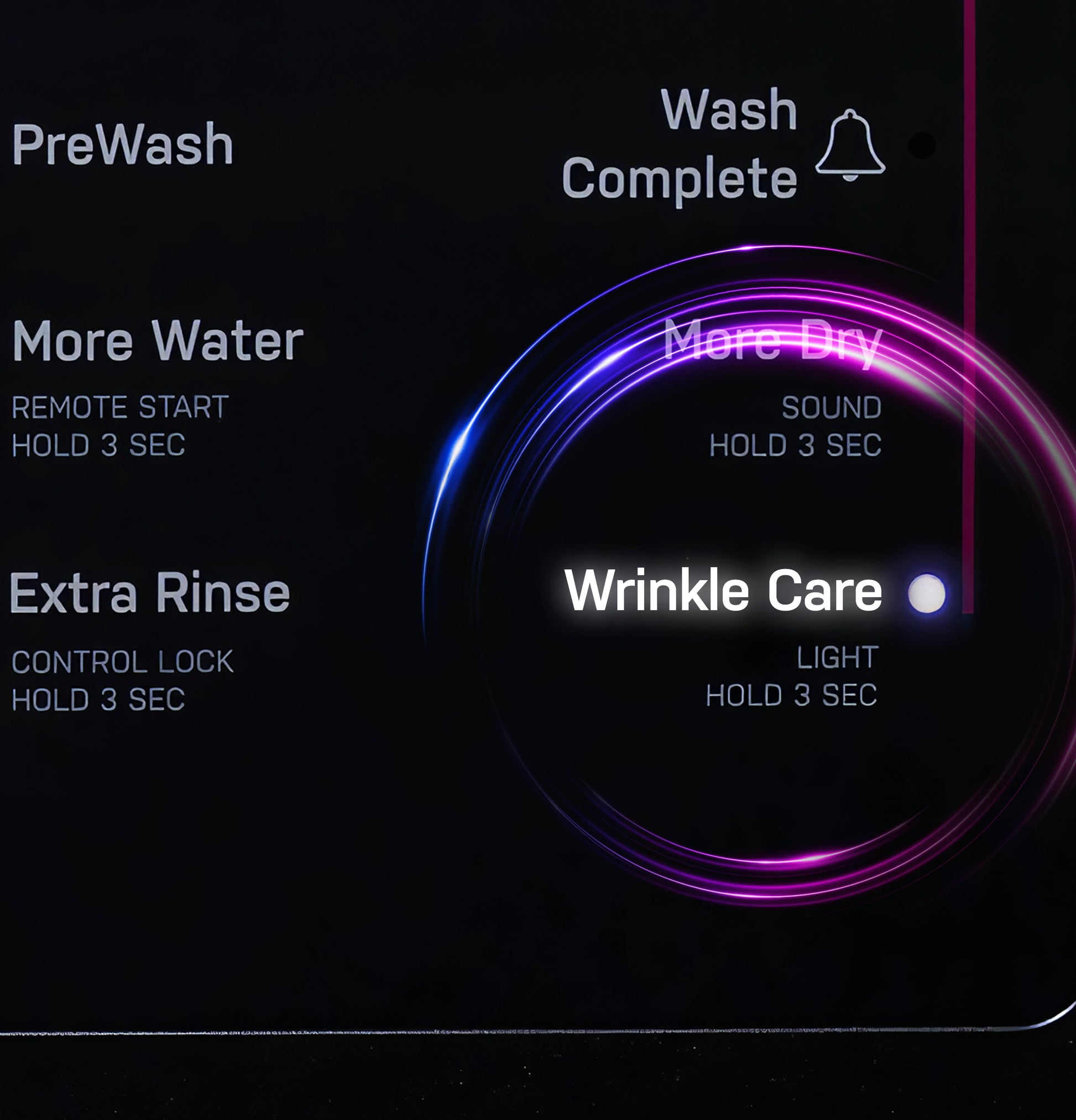 Control dial illuminated with cycle options including PreWash, More Water, Extra Rinse, and Wrinkle Care on washer combo panel.
