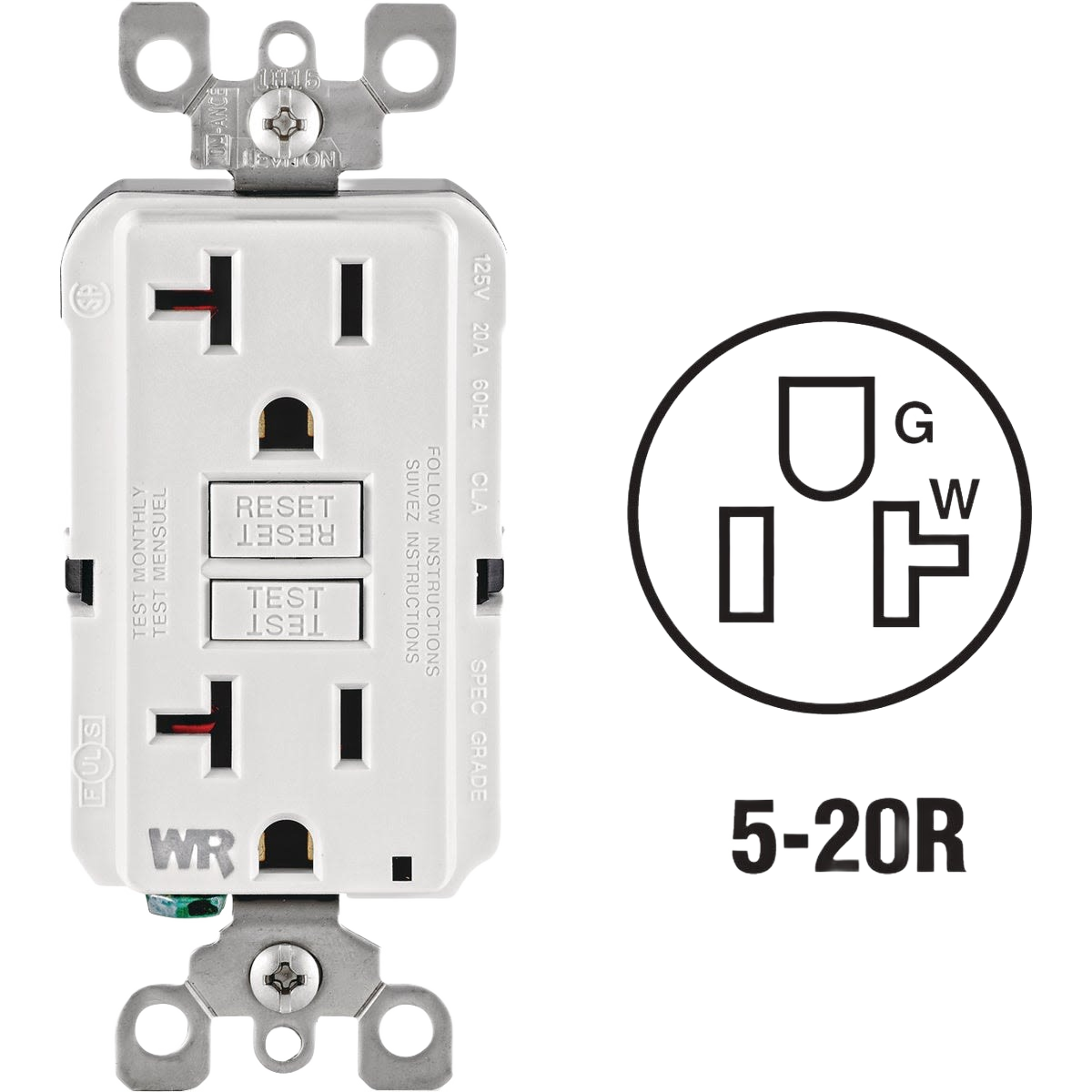 White 20 amp GFCI outlet with self-test buttons and tamper-resistant design for residential home improvement.