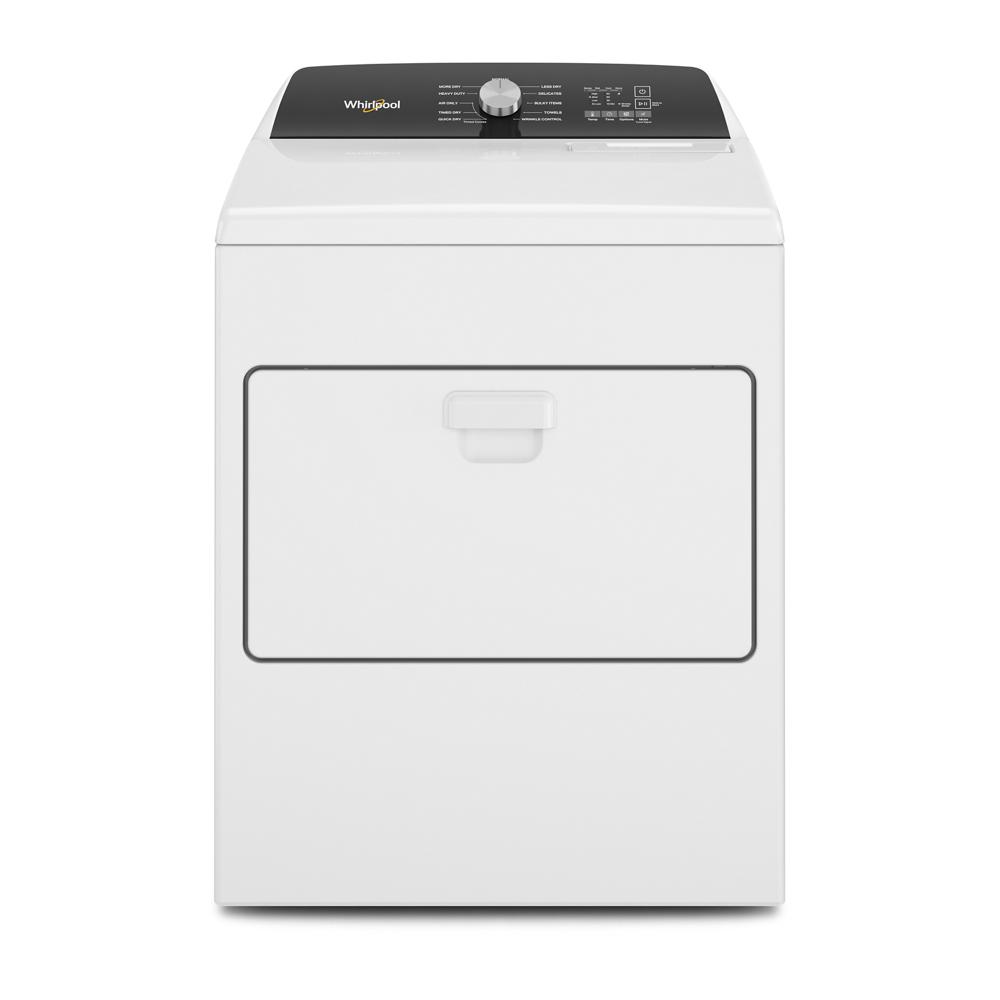 White electric top load dryer with black control panel and single rotary dial for appliances collection