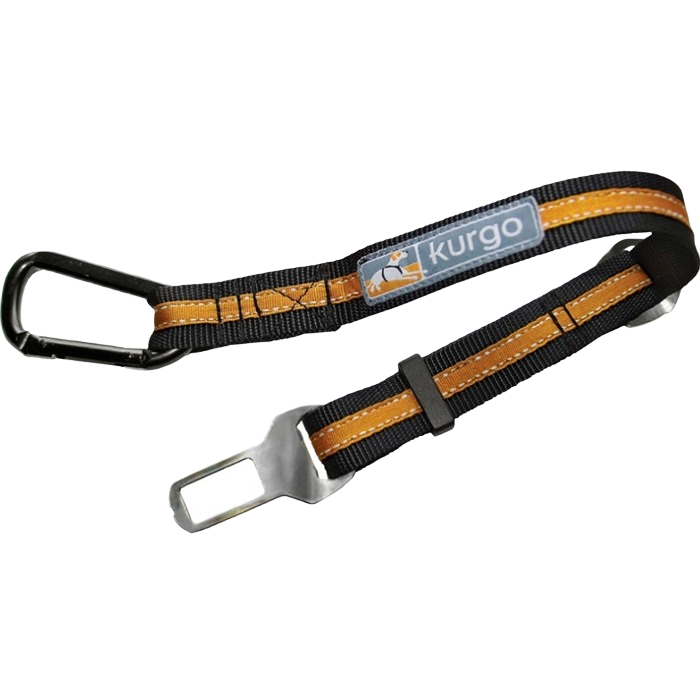 Orange and black safety tether with metal clip and carabiner attachment for pet restraint in vehicles and home improvement tasks
