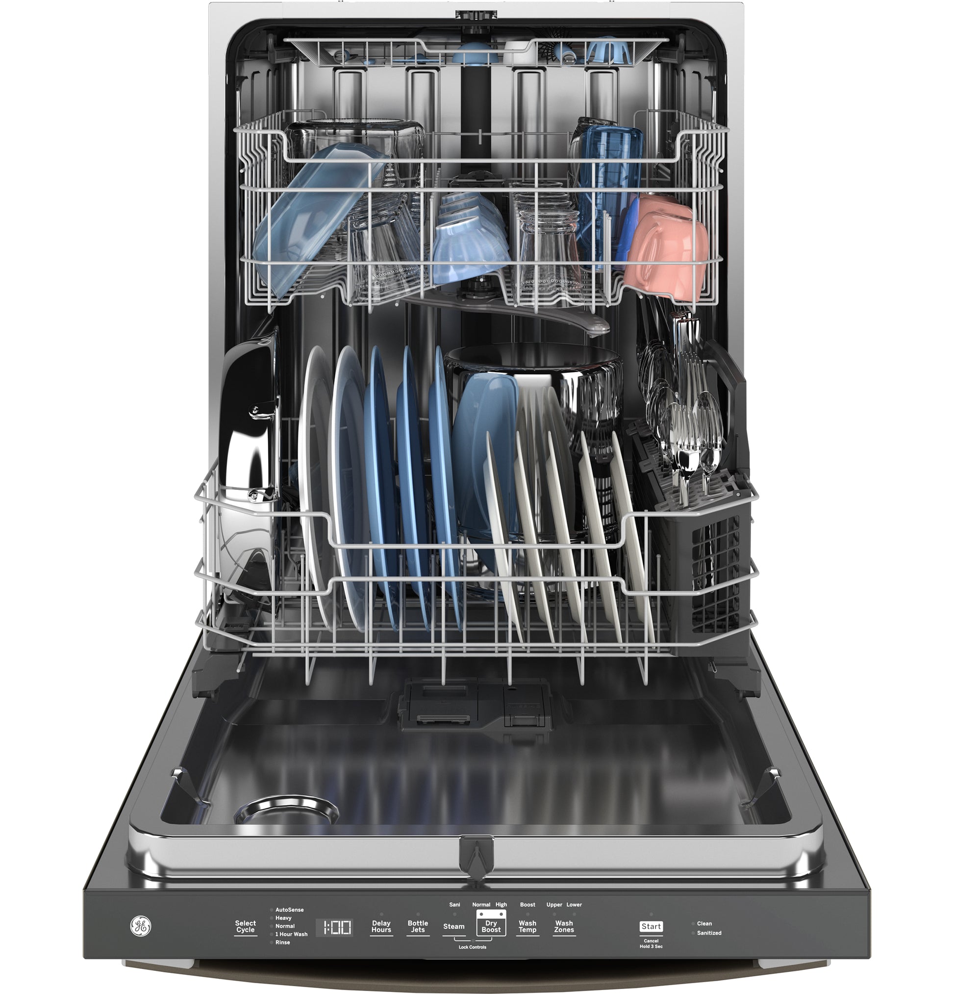 Open fingerprint resistant dishwasher with stainless steel interior loaded with dishes from Dishwashers collection