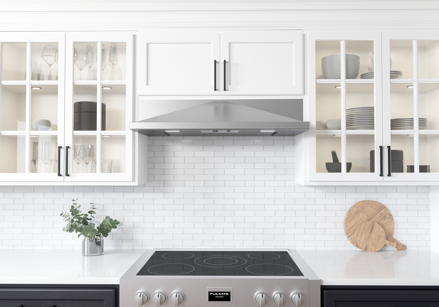 Stainless steel pyramid-shaped under cabinet hood with integrated LED lights in modern kitchen setting for home improvement