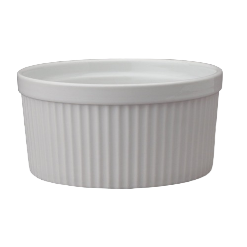 White porcelain souffle dish with ribbed exterior for baking and serving in kitchenware under $50 collection