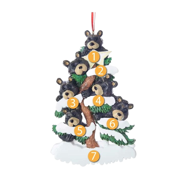 Decorative bear family ornament with six black bears climbing a snow-covered tree for holiday decor