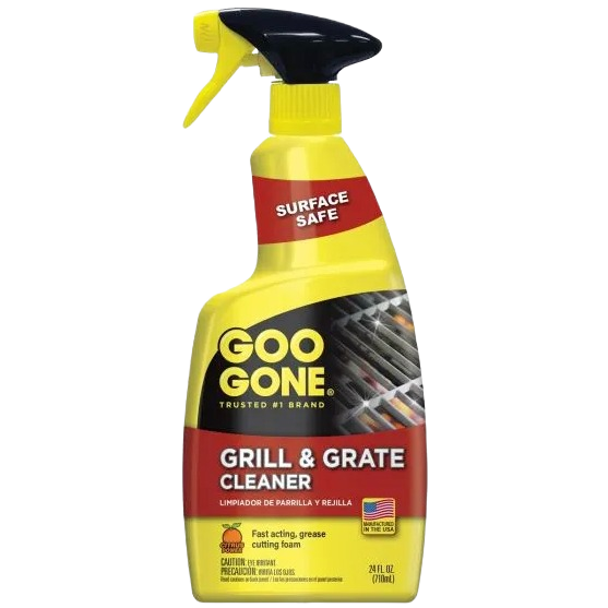 Yellow and black spray bottle of grill and grate cleaner with red label and trigger for home improvement tools use