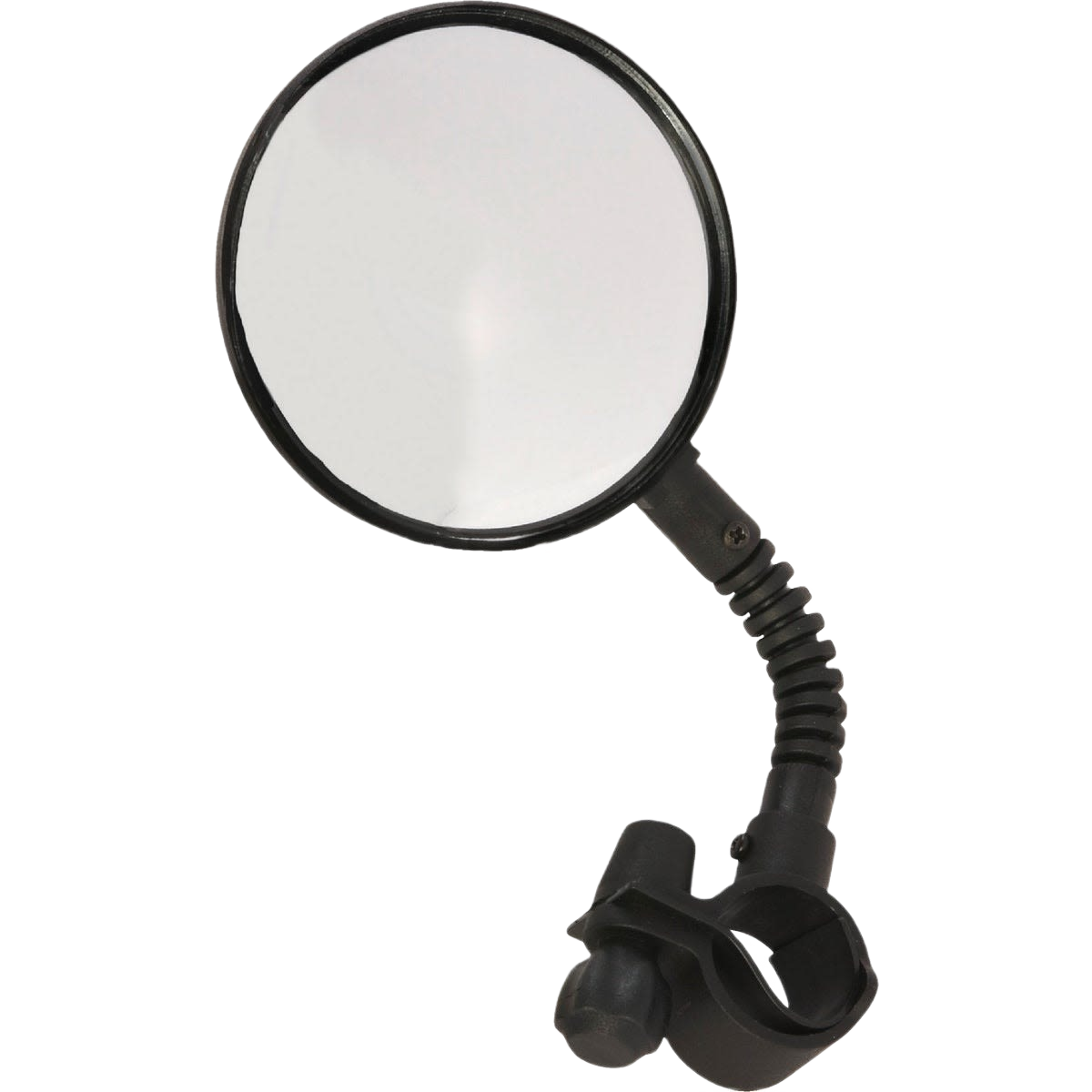 Round handlebar bicycle mirror with flexible black arm and clamp for safe rearview visibility on bikes