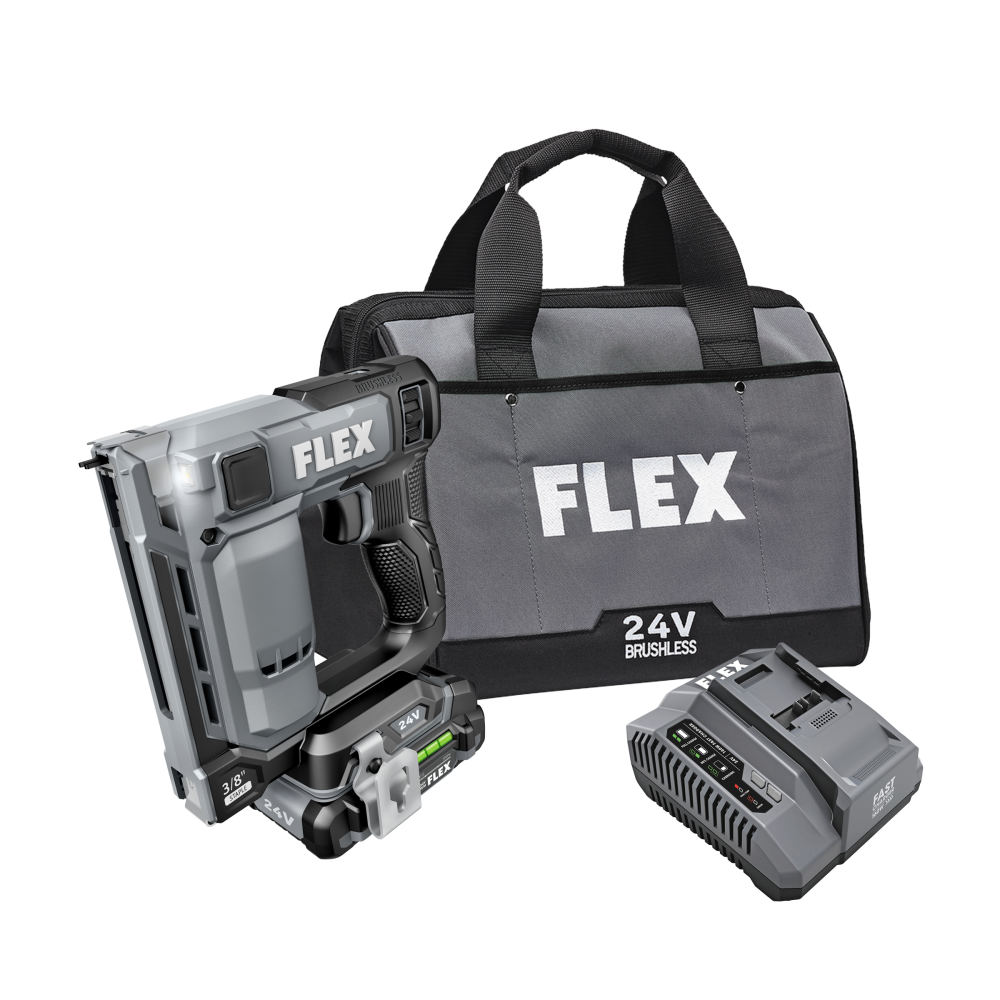 Cordless 24V brushless stapler alongside gray and black battery charger and gray carrying bag, for power tools and home improvement projects.