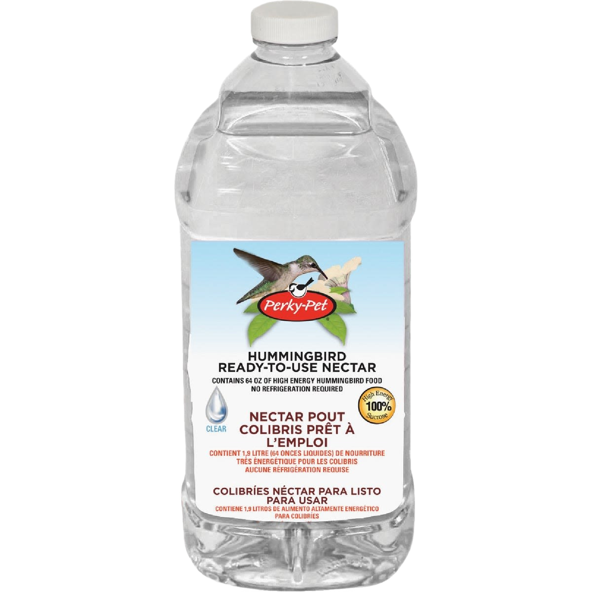 Clear plastic bottle of ready-to-use hummingbird nectar with red and green label for outdoor garden use