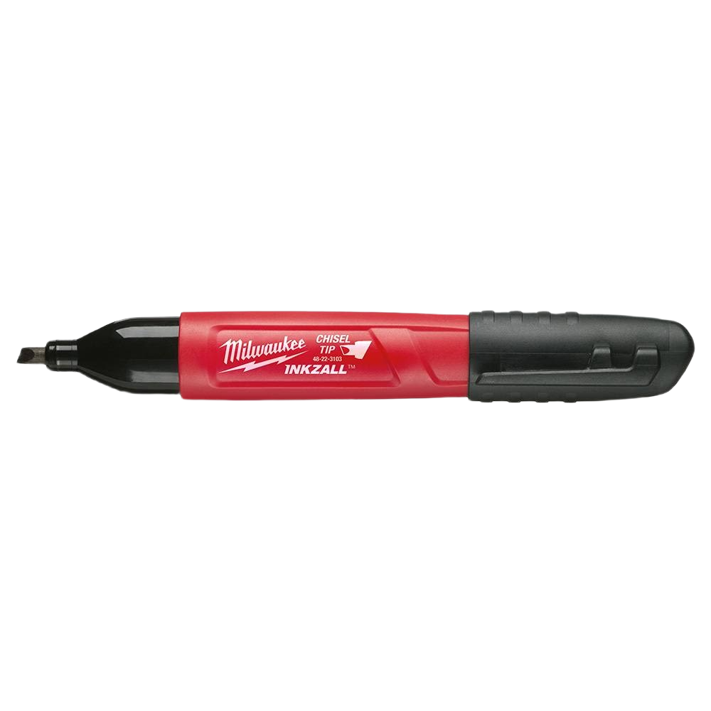 Black and red hand tool marker with chisel tip designed for durable marking on rough jobsite surfaces in woodworking tools collection