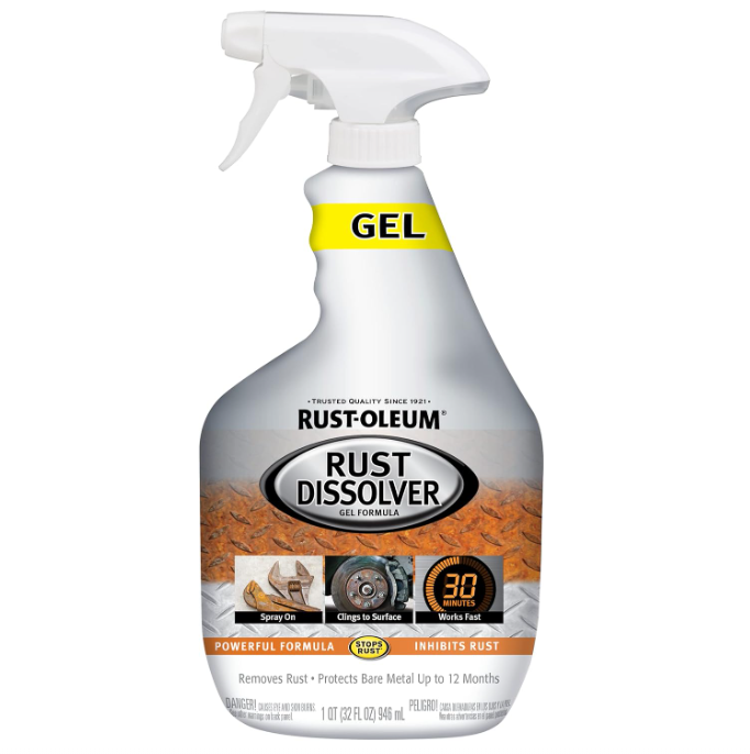 White trigger spray bottle of rust dissolver gel with detailed label showing metal surface and usage icons in Paint & Supplies collection