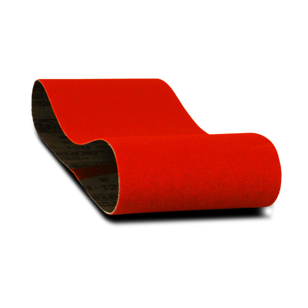 Pair of red 120-grit sanding belts made with zirconium grain for woodworking tool accessories and home improvement tasks