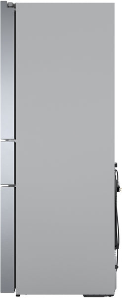 Side view of a sleek stainless steel French door bottom mount refrigerator from Bosch appliances collection
