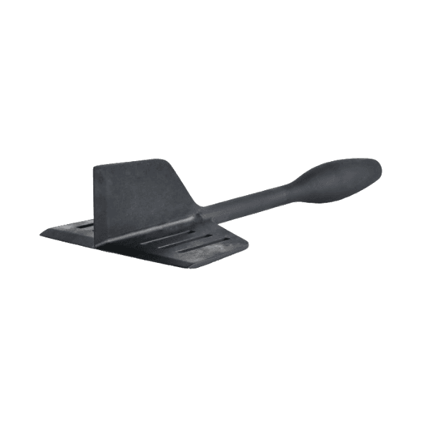 Black plastic kitchen chopper and turner with ergonomic handle for efficient ground meat cooking and kitchen utensil use.