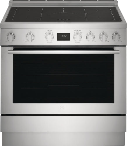 stainless steel freestanding induction range with digital display and control knobs for kitchen appliances and home improvement