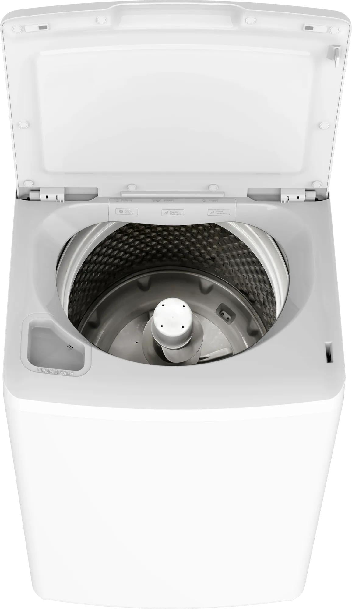 open white top load washer drum showing stainless steel interior and agitator for washers and dryers collection
