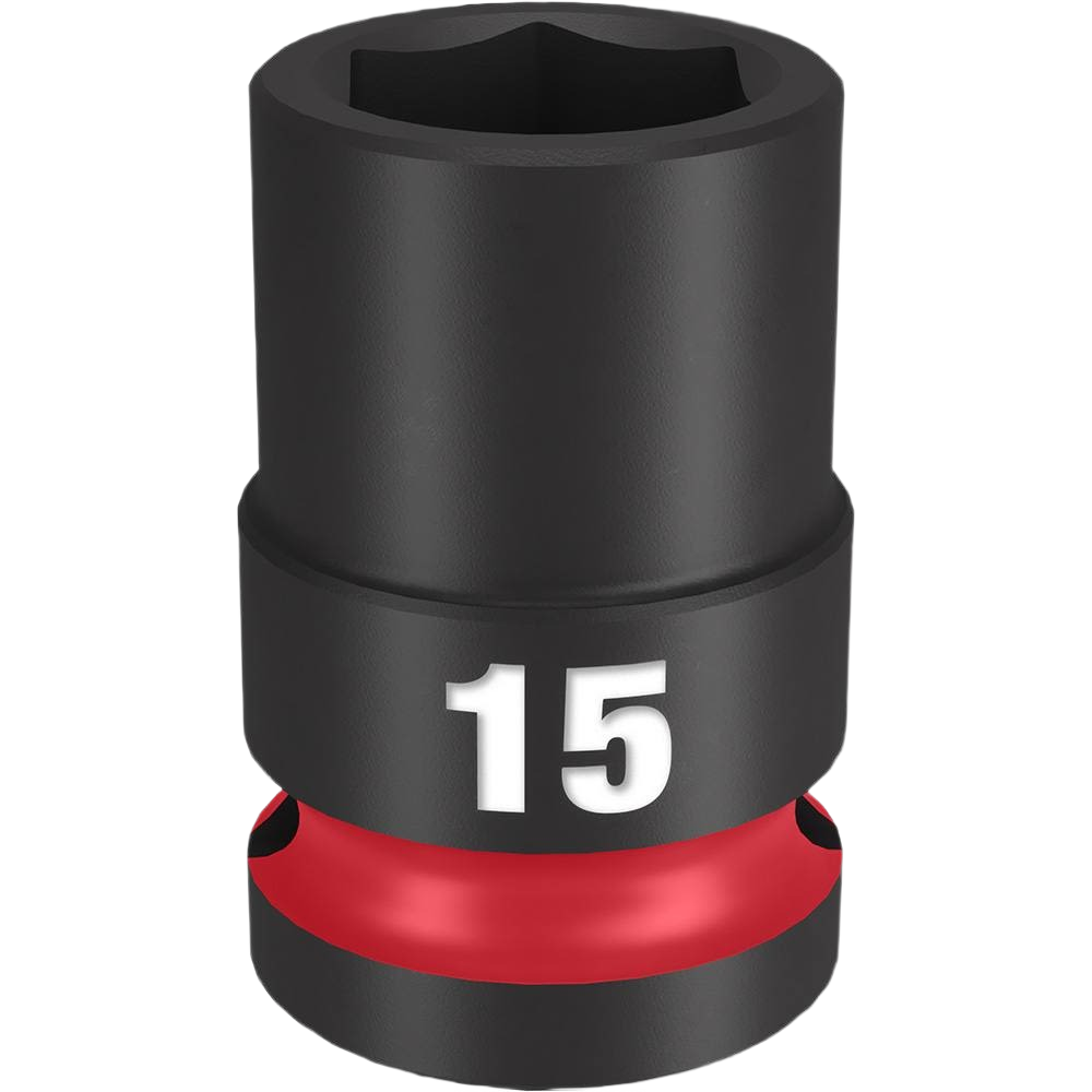Black 15mm 6-point impact socket with red ring, designed for high-torque woodworking and hand tool applications.