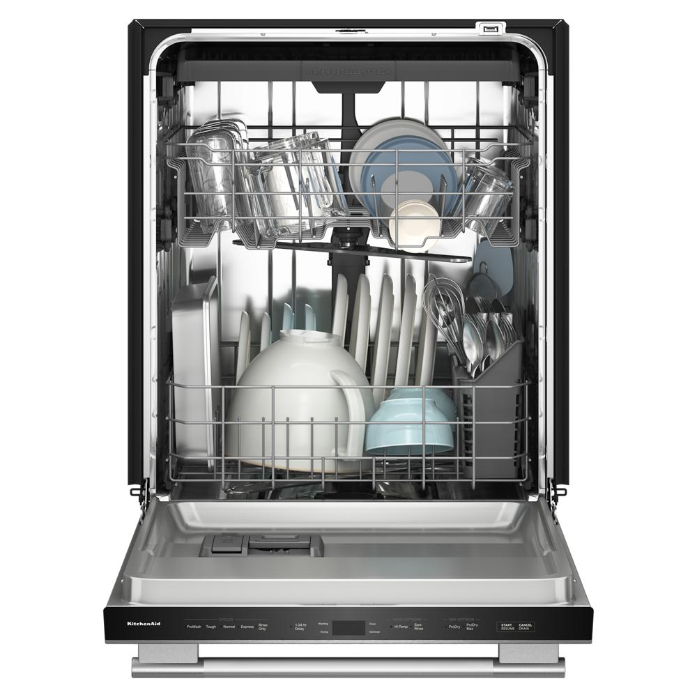Open dishwasher with multiple glassware, plates, and utensils inside in a modern kitchen appliances setting