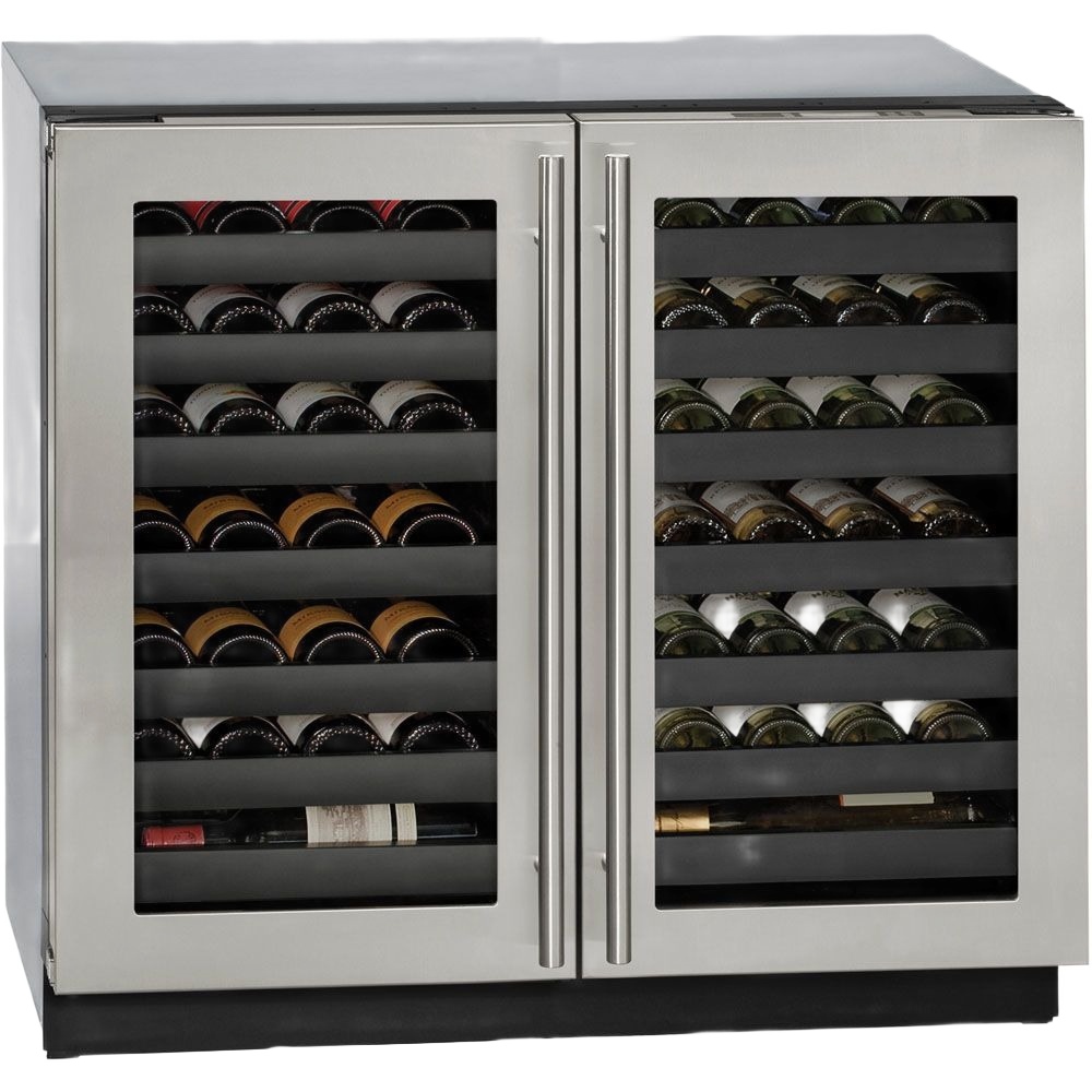 36-inch stainless steel dual-door beverage chiller with lock, glass windows, and black shelving for kitchen appliances