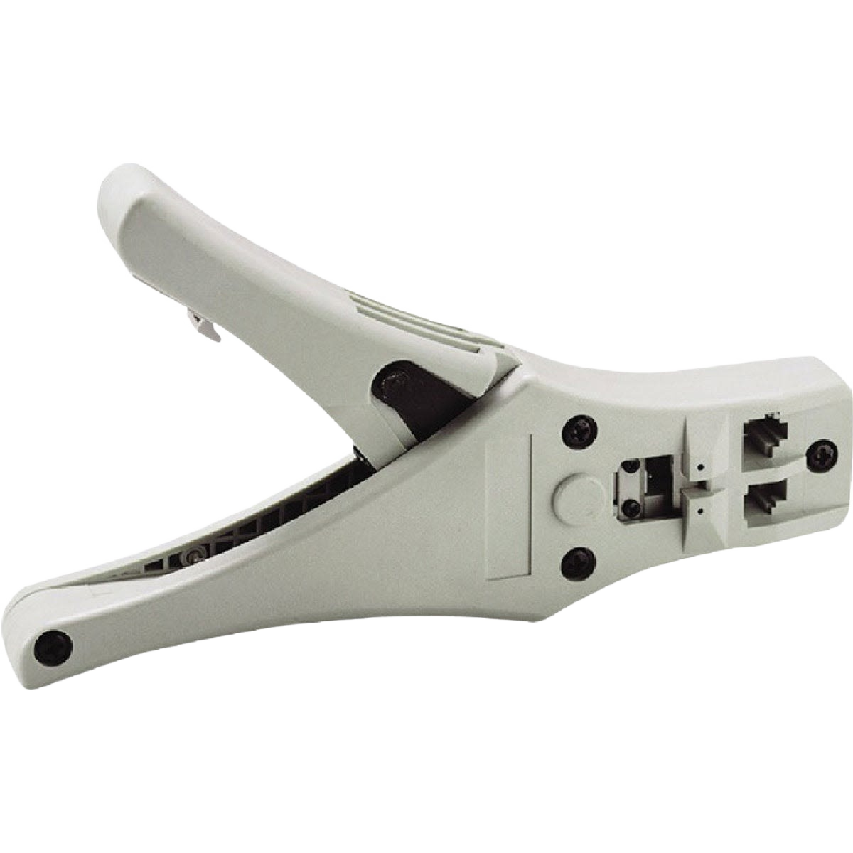 Compact gray plastic hand tool designed for crimping coaxial cable plugs in home improvement projects