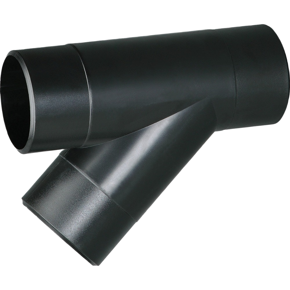 Black plastic Y-shaped pipe fitting with smooth finish for home improvement and tool applications