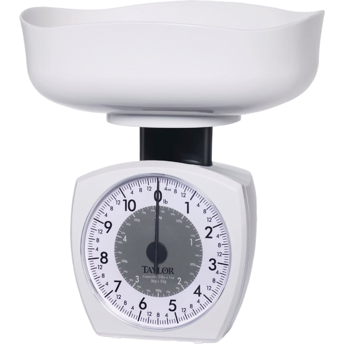 White kitchen scale with large bowl and analog dial for measuring up to 11 pounds in kitchenware collection under $50