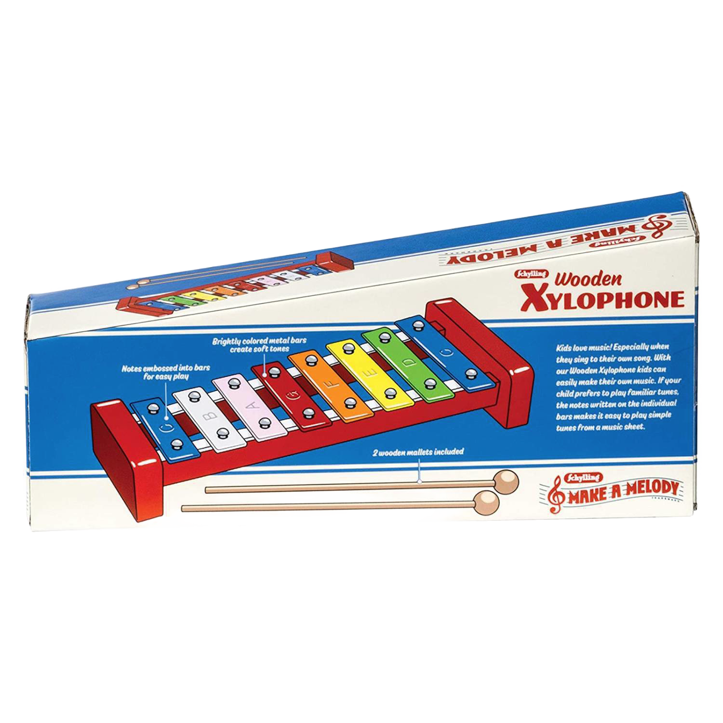 Boxed Schylling wooden xylophone with brightly colored metal bars and two wooden mallets for pretend play toys under $50