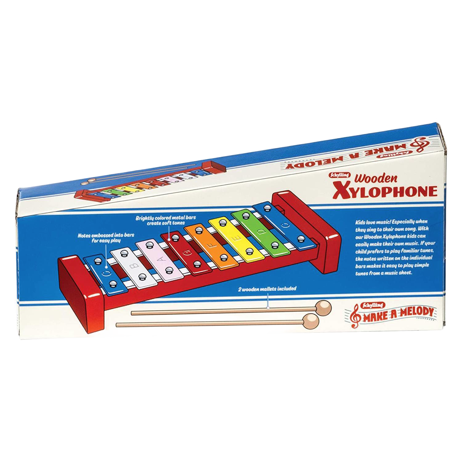 Boxed Schylling wooden xylophone with brightly colored metal bars and two wooden mallets for pretend play toys under $50