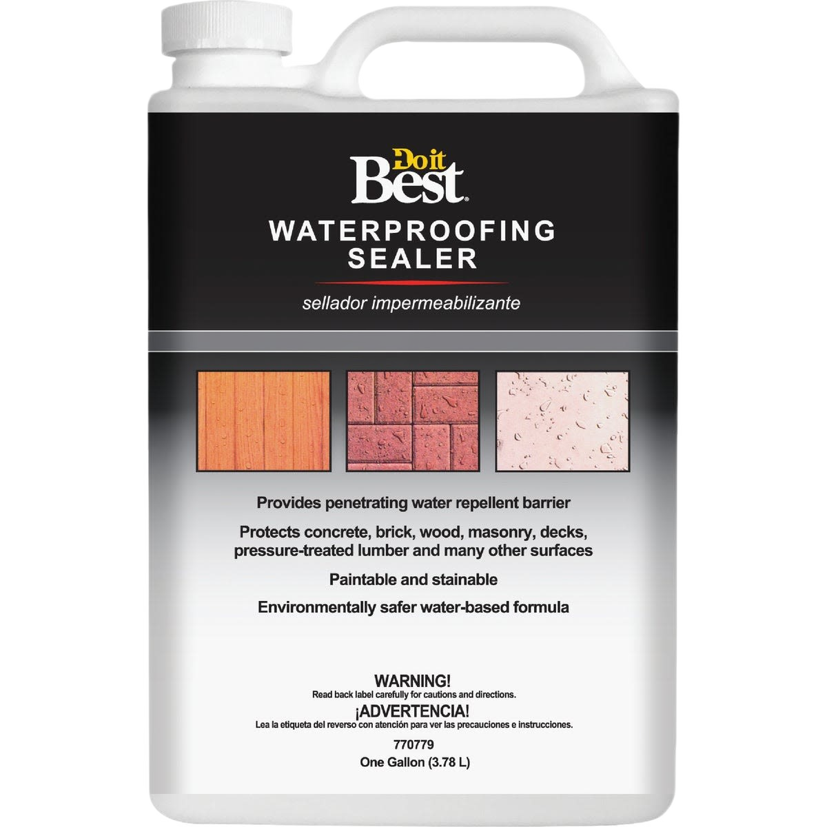 Gallon container of clear water-based sealer for protecting wood, brick, concrete, and masonry surfaces in home improvement