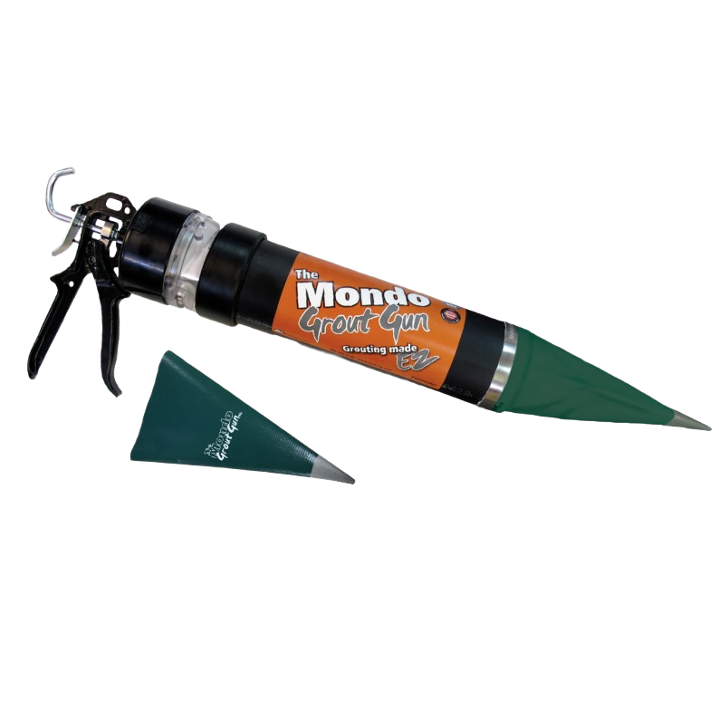 Heavy-duty grout applicator gun with ergonomic handle and interchangeable green nozzle tips for precise home improvement tasks