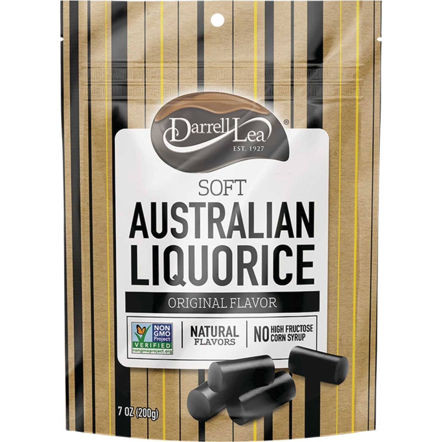 Brown striped resealable bag of soft Australian liquorice with original flavor and natural ingredients label