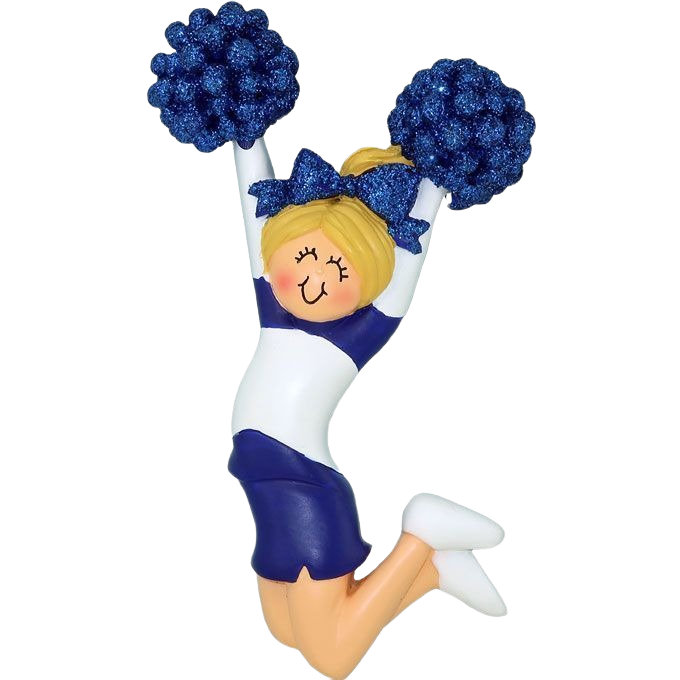 Blonde cheerleader figurine in blue uniform with glittery blue pom-poms for Christmas Ornaments & Tree Decorations under $50