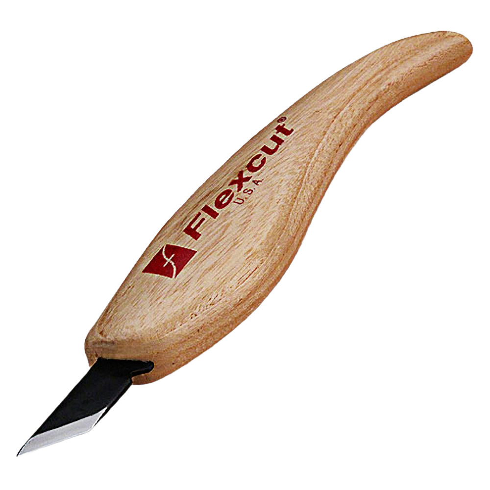 Wood-handled carving knife with curved ergonomic grip and a sharp skew blade for detailed woodworking tasks