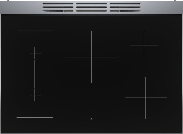 black induction cooktop with frameless edge-to-edge glass and four cooking zones in modern kitchen appliances collection