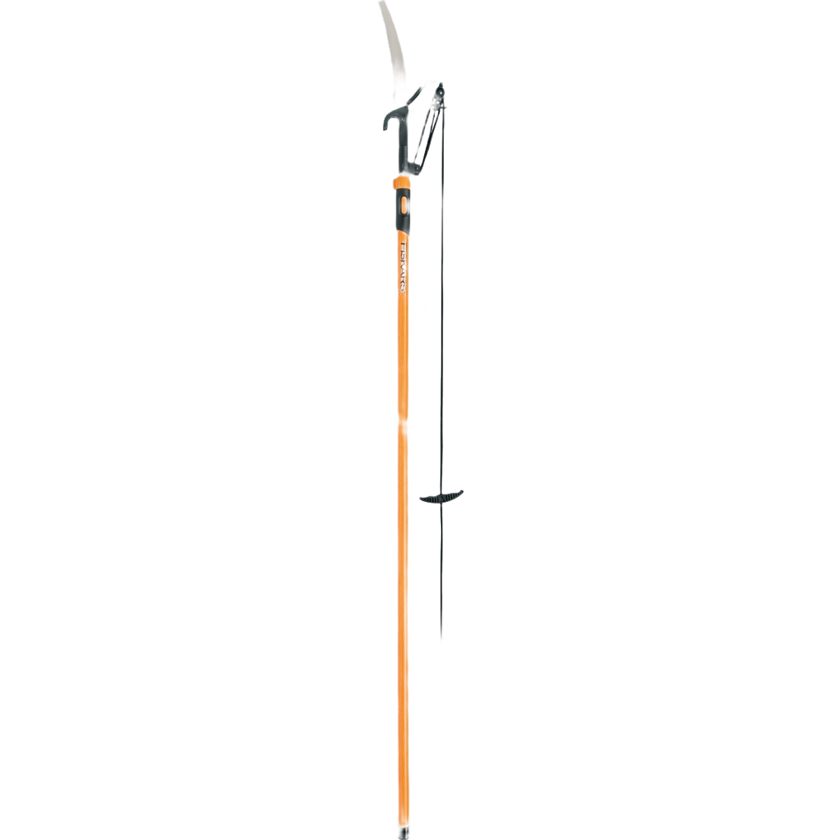 Orange extendable pole saw and pruner with cutting blade and rope mechanism for garden and outdoor pruning tasks.