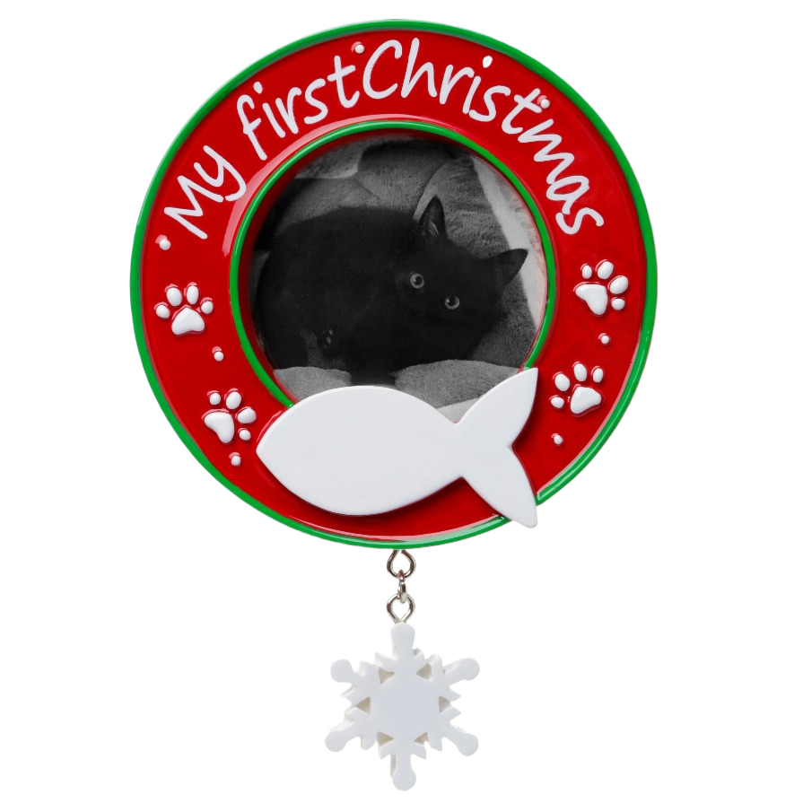 Round red cat photo ornament with white paw prints, fish silhouette, and hanging snowflake for Christmas decorations under $50