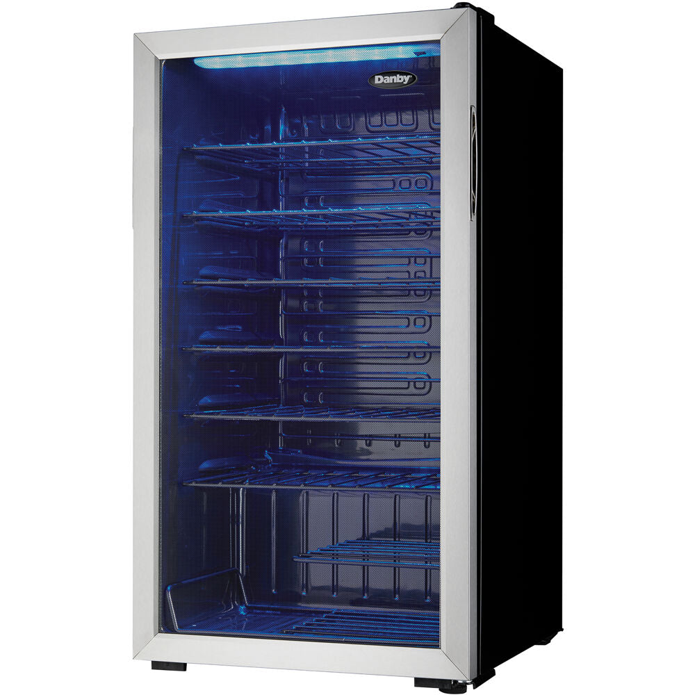 36 Bottle Wine Cooler, Interior Blue LED Lighting, Wire Shelves