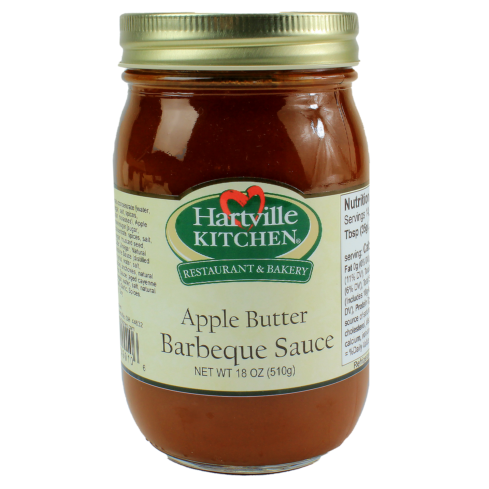 Glass jar of Hartville Kitchen apple butter barbecue sauce with green and cream label for grilling sauces collection