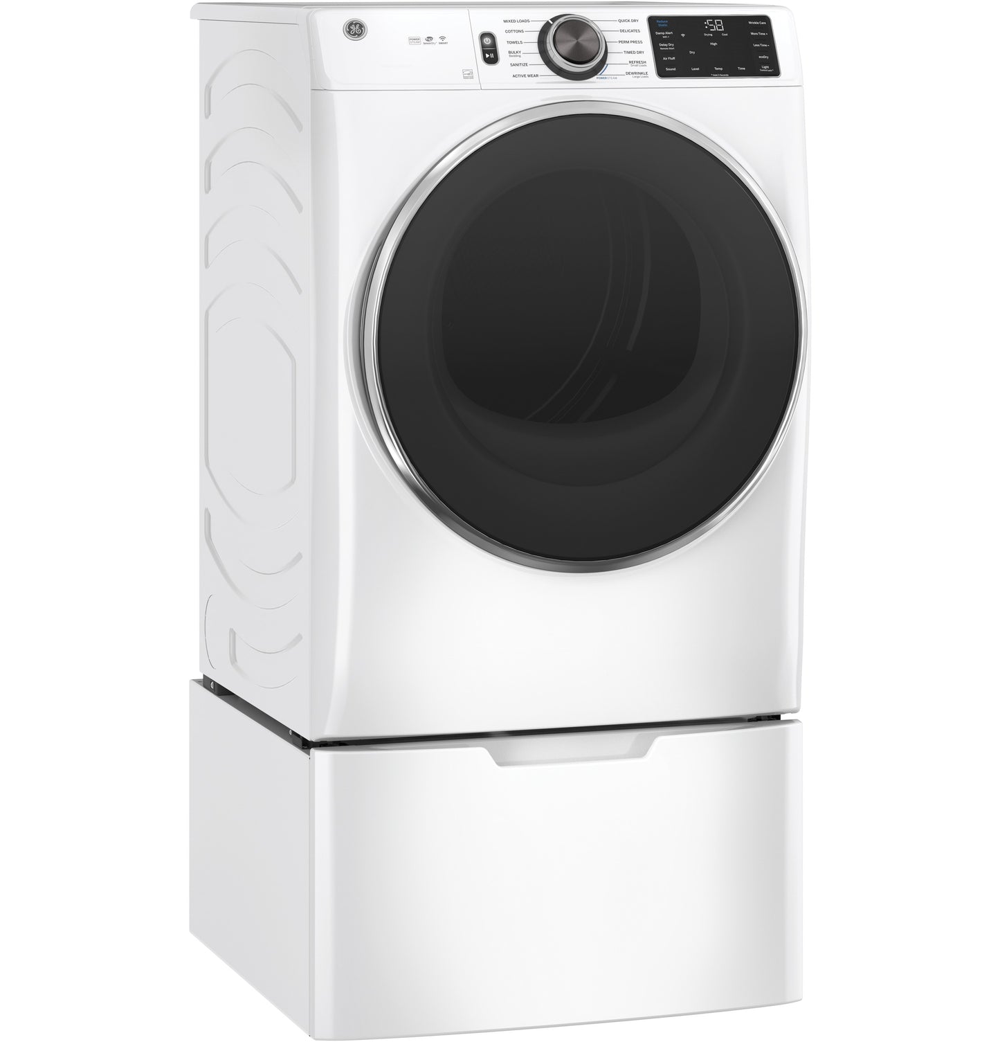 White front-load washer with black door on matching laundry pedestal for home improvement and appliance parts accessories