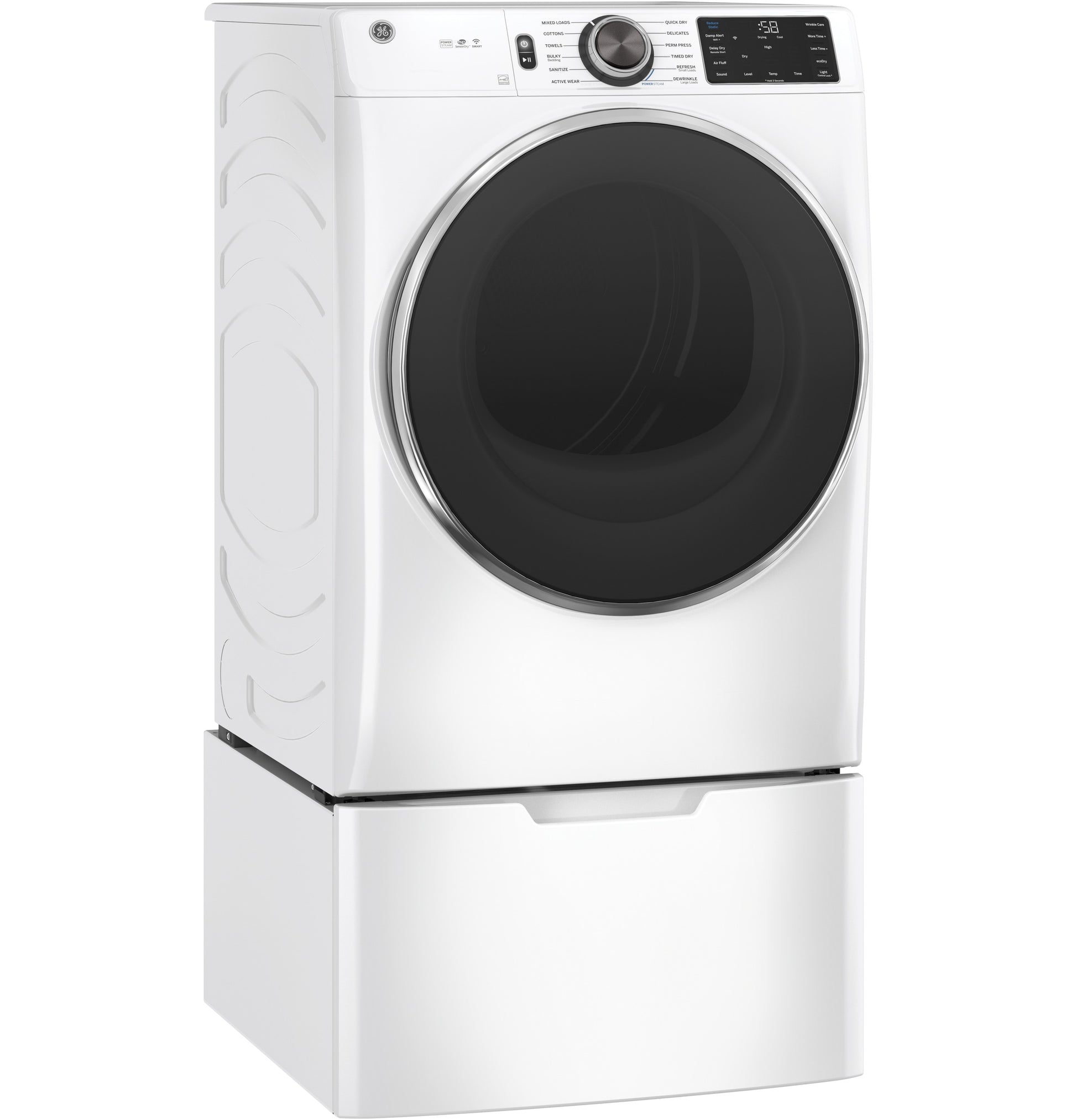 White front-load washer with black door on matching laundry pedestal for home improvement and appliance parts accessories